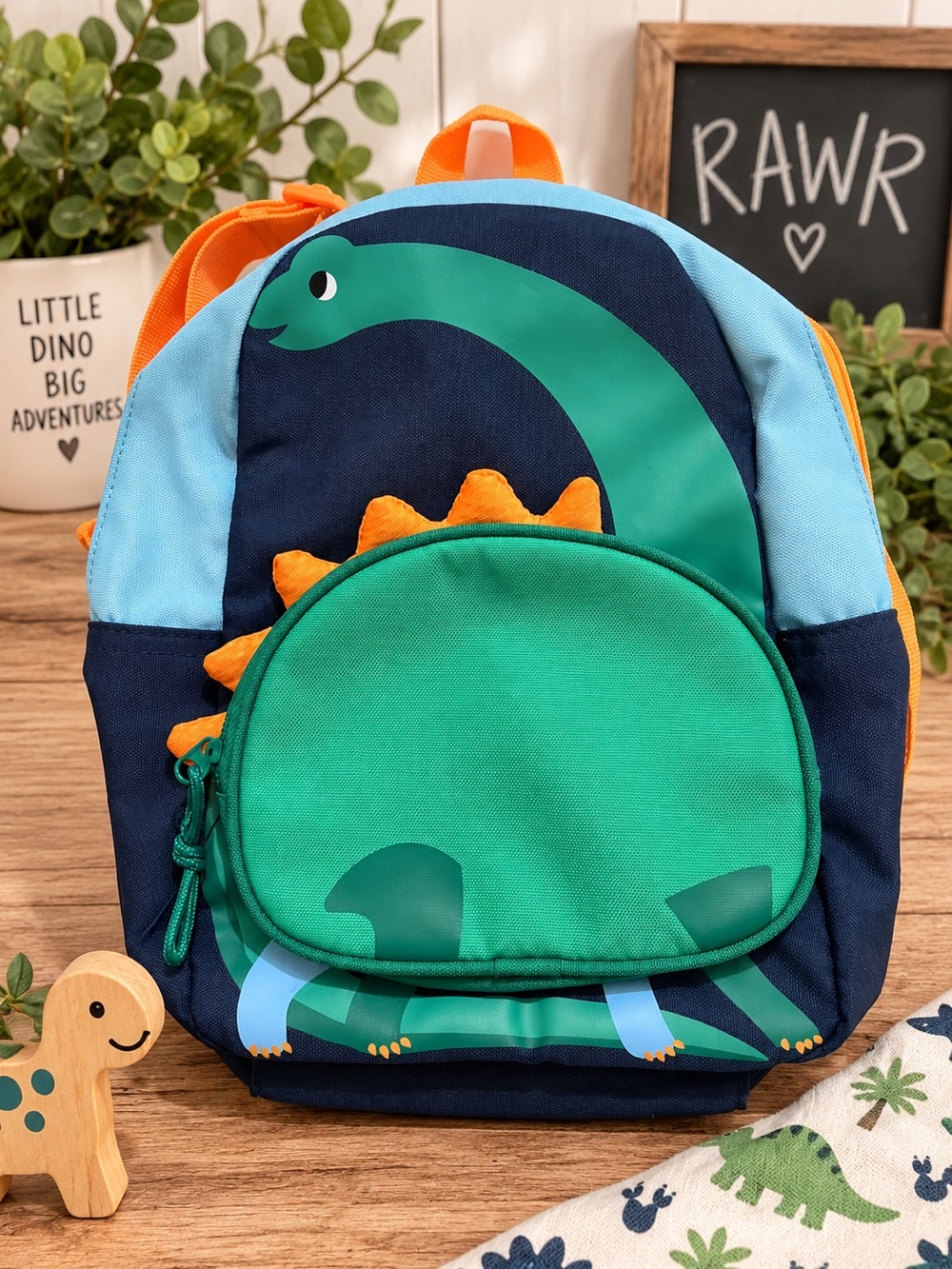 Cat & Jack Kids Dinosaur Backpack in Green, Navy & Orange